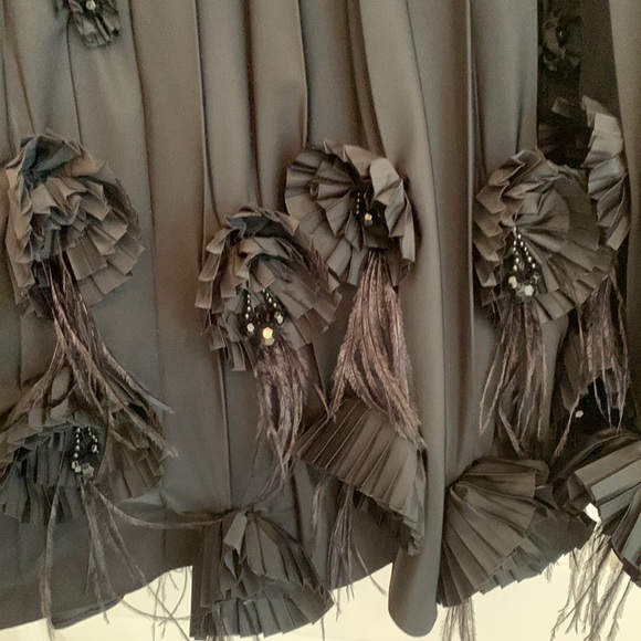 Ostrich Feather Jewels Rosettes Couture Designer Black Satin Full Pleated Skirt - Picture 12 of 16